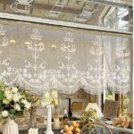 Lace Ruffled Cafe Curtain full view shot, vintage vertical floral embroidered sheer kitchen curtain, white lace half window valance, free self-adhesive tape included, curtain rod not included