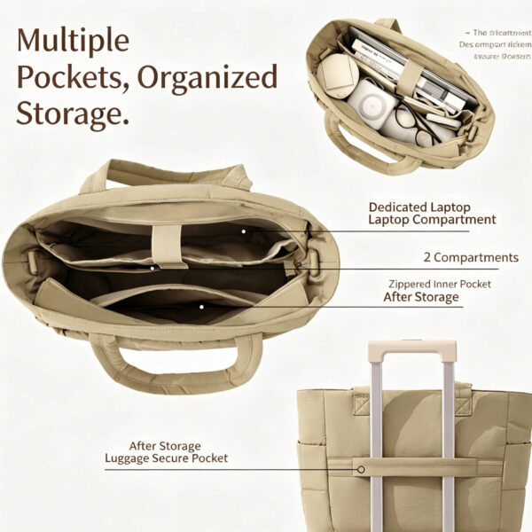 Quilted Nylon Tote Bag Multi Pocket Interior Layout, Organized Laptop Compartment & Luggage Strap