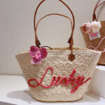 Large Size Off White Woven Straw Tote Bag With Purple Orchid Flower Applique Decor