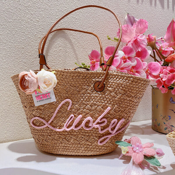 Small Brown Straw Tote Bag With Dual Color Flower Applique Decor