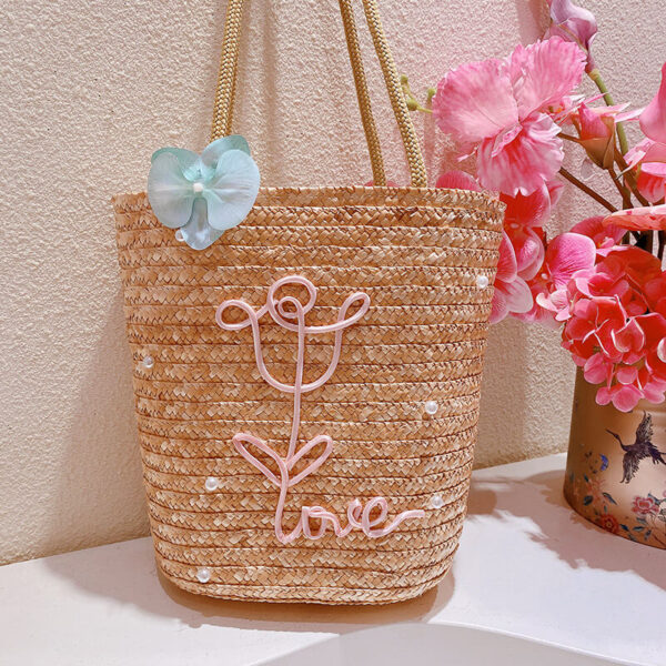 Brown Woven Straw Tote Bag with Light Blue Orchid Flower Applique