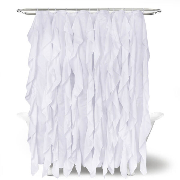 Kids Princess Shower Curtain white full front shot, single layer ruffle opaque polyester girls bath curtain 71x71 inch