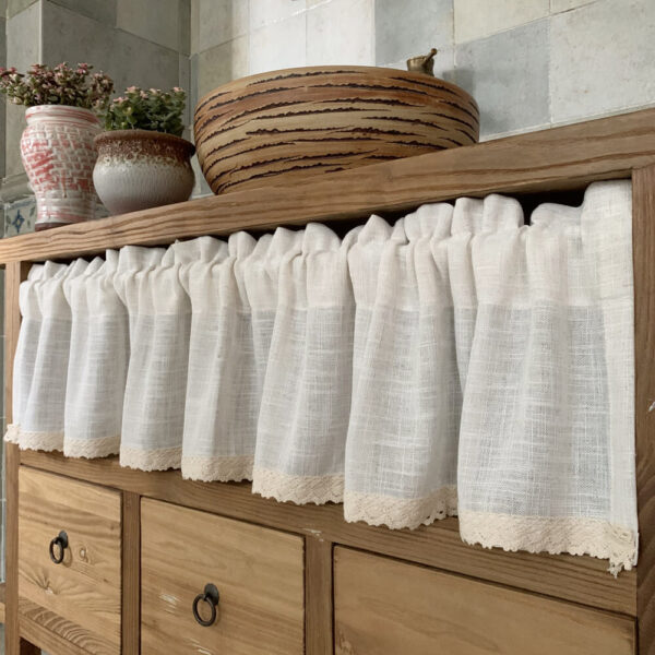 Rustic Linen Cafe Curtain full farmhouse kitchen scene shot, semi sheer faux linen half window curtain matching rustic wooden cabinet decor