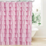Kids Princess Shower Curtain pink full view shot, multi-layer ruffle opaque polyester children bath curtain 71x71 inch for girls bathroom