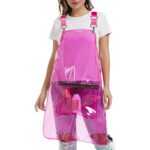 Transparent Waterproof Salon Apron hot pink full body model shot with zipper front pocket