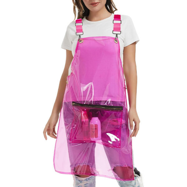 Transparent Waterproof Salon Apron hot pink full body model shot with zipper front pocket