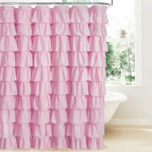 Kids Princess Shower Curtain pink full view shot, multi-layer ruffle opaque polyester children bath curtain 71x71 inch for girls bathroom