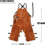 Brown Split Leg Cowhide Welding Apron flat lay with 52 Inch dimension mark