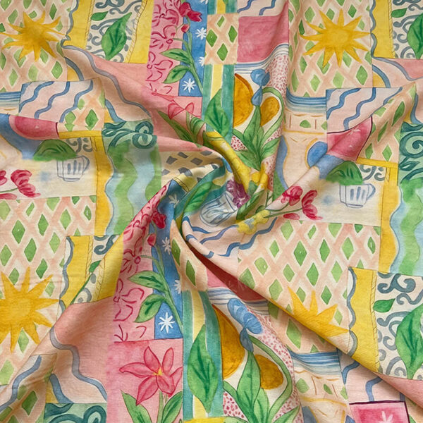 Watercolor Patchwork Floral Fabric Soft Wrinkle Drape Texture Shot, Oriental Floral Printed Cloth