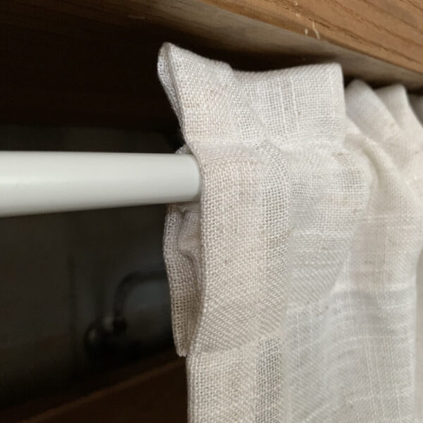 Rustic Linen Cafe Curtain rod pocket detail shot, easy-install top pocket design semi sheer faux linen half window kitchen curtain