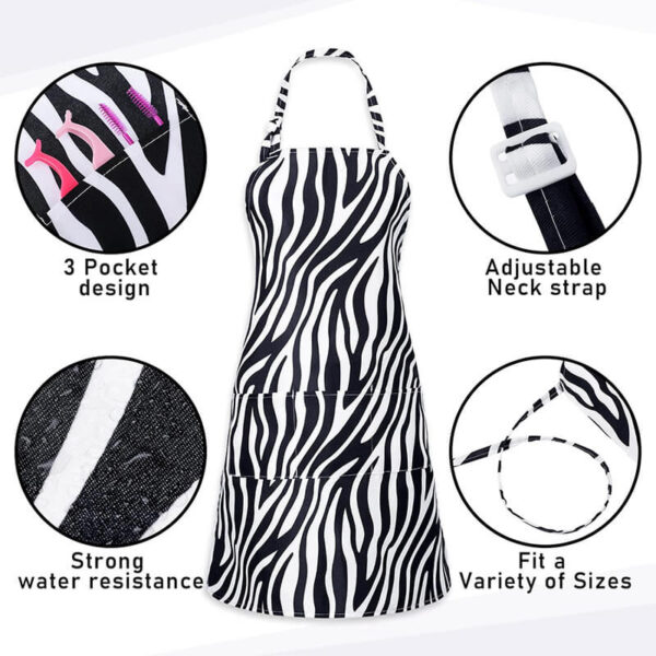Zebra Leopard Print Nail Apron detail feature shot with pocket & adjustable strap icons