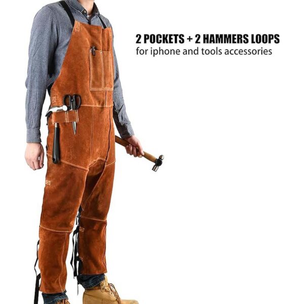 Brown Split Leg Leather Welding Apron front view with tool pockets & hammer loops