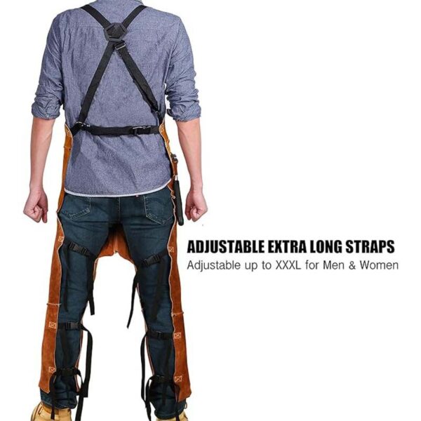 Brown Split Leg Cowhide Welding Apron back view with adjustable cross straps