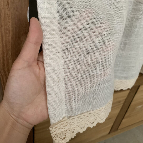 Rustic Linen Cafe Curtain fabric close-up shot, natural faux linen grain texture, semi sheer soft sheer material detail for farmhouse half window curtain