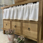 Rustic Linen Cafe Curtain full cabinet window hanging shot, semi sheer thick faux linen half window curtain with rod pocket for rustic kitchen decor