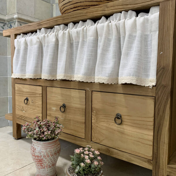 Rustic Linen Cafe Curtain full cabinet window hanging shot, semi sheer thick faux linen half window curtain with rod pocket for rustic kitchen decor