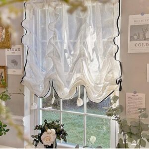 French Linen Cafe Curtain pull cord lifting detail shot, vintage cream semi sheer linen shade with black edge trim, adjustable window covering