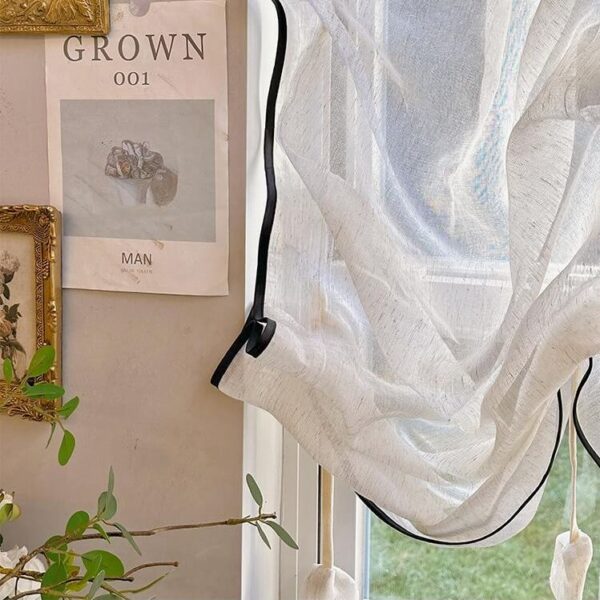 French Linen Cafe Curtain wall decor matching shot, vintage cream pull up sheer window shade, black edge trim, farmhouse cottage interior style