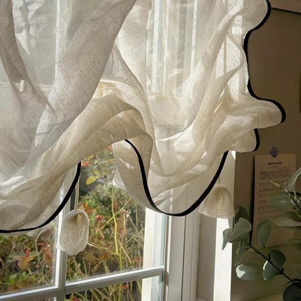 French Linen Cafe Curtain full kitchen interior shot, vintage cream semi sheer pull up window shade with black edge trim, sun filtering fabric for cottage home decor
