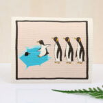 organic cotton kitchen towels with diving penguin cartoon print, reusable dish drying towel for café and home kitchen