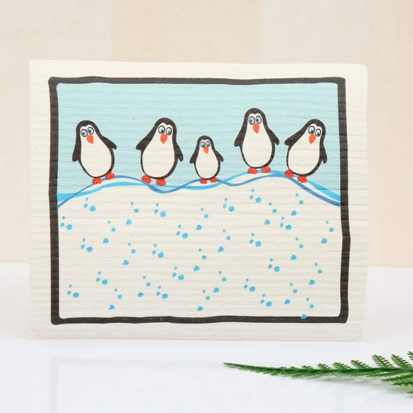 cartoon organic kitchen towels with snow scene penguin print, absorbent organic cotton hand towel for daily kitchen use