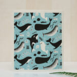 natural pulp kitchen towel with cartoon whale marine animal print, biodegradable zero-lint natural pulp fiber reusable dish washing towel