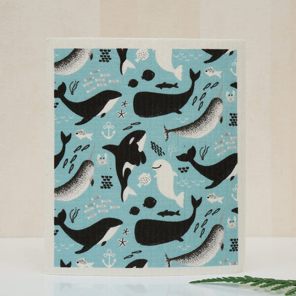 natural pulp kitchen towel with cartoon whale marine animal print, biodegradable zero-lint natural pulp fiber reusable dish washing towel
