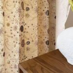 full view of vintage botanical print curtain panel hanging on window, beige semi-sheer drapery for bedroom and living room