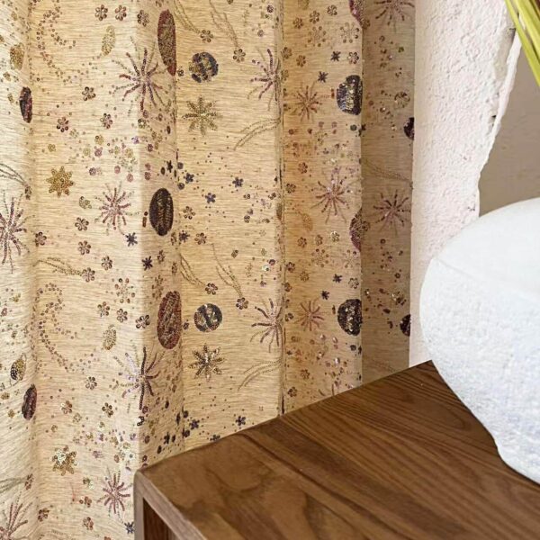 full view of vintage botanical print curtain panel hanging on window, beige semi-sheer drapery for bedroom and living room