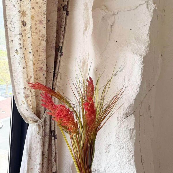 beige floral print curtain panel with red dried flower arrangement, boho style botanical window curtain for cozy home decor
