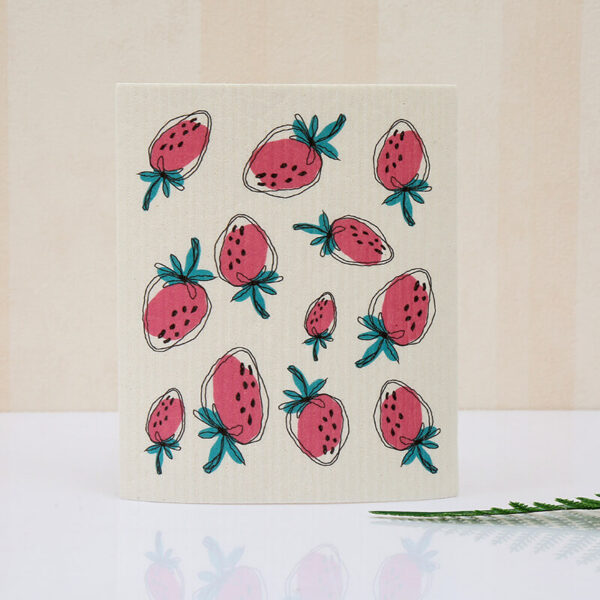 wood pulp cleaning wipe sweet pink strawberry fruit print, lint free oil repellent biodegradable cleaning towel