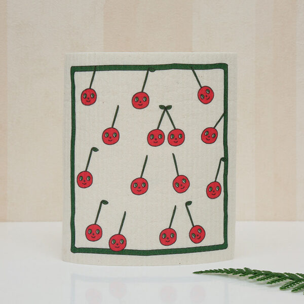 wood pulp cleaning wipe vivid cherry berry print, soft zero waste wood pulp cotton household cleaning towel
