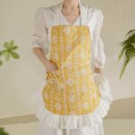 cute lace apron for women with yellow white rose embroidery, lightweight frilled sheer cotton decorative housework apron, single standard size