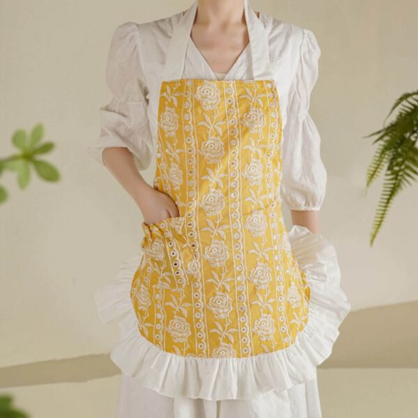 cute lace apron for women with yellow white rose embroidery, lightweight frilled sheer cotton decorative housework apron, single standard size