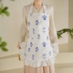 lace apron for women with blue small floral embroidery and white lace frill hem, cute single-size non-waterproof decorative cotton apron for baking & florist work
