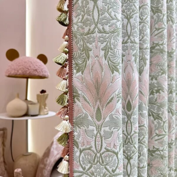 Farmhouse pink green floral room darkening curtains 100% polyester boho bedroom window drapes with decorative tassels