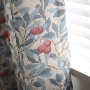 cottage blackout curtain panel, white base curtain printed with blue leaves and red berries, cotton blend botanical window drape
