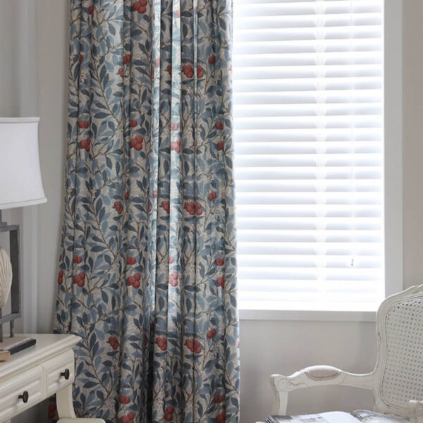 cottage blackout curtain panel hanging beside window, blue leaf red berry botanical print room darkening single curtain panel
