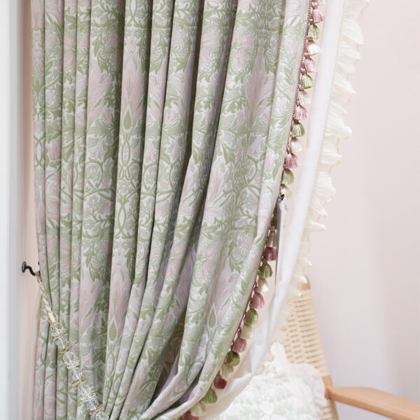 Vintage floral polyester living room curtains heavyweight room darkening drapes custom size with edge tassel trim