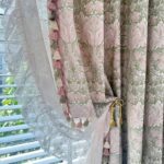 Pink green floral farmhouse curtains polyester light filtering drapes colorful pompom tassels living room window view