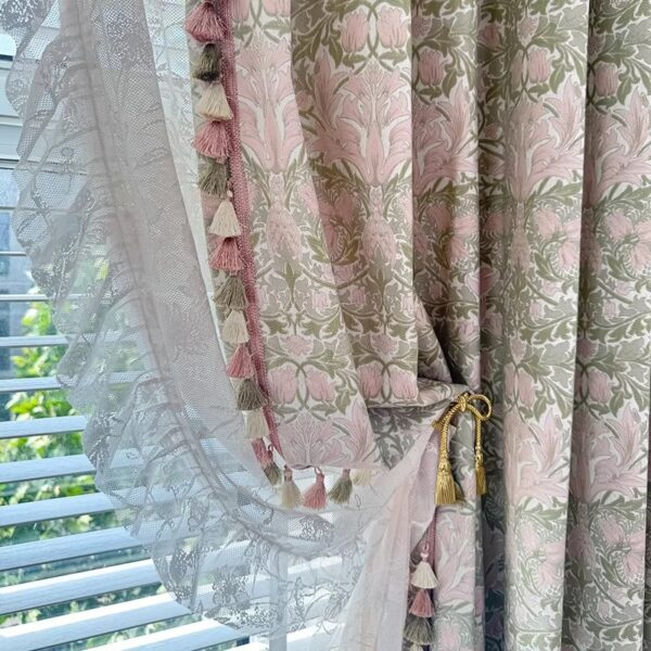 Pink green floral farmhouse curtains polyester light filtering drapes colorful pompom tassels living room window view