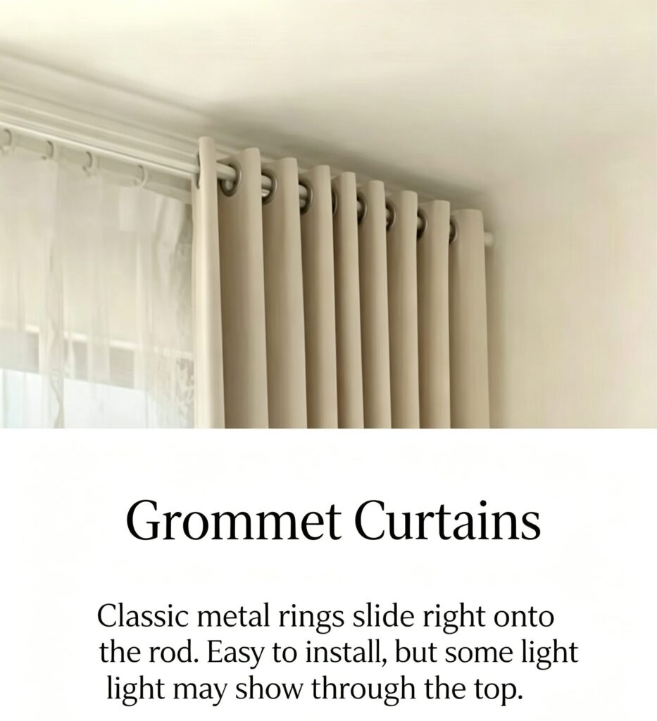 Grommet eyelet curtains with metal holes, easy sliding curtain rod style for daily family use