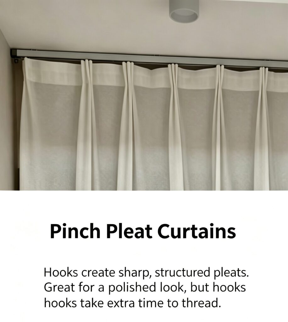 Standard pinch pleat curtain top design, curtain style for ceiling track and rod with rings