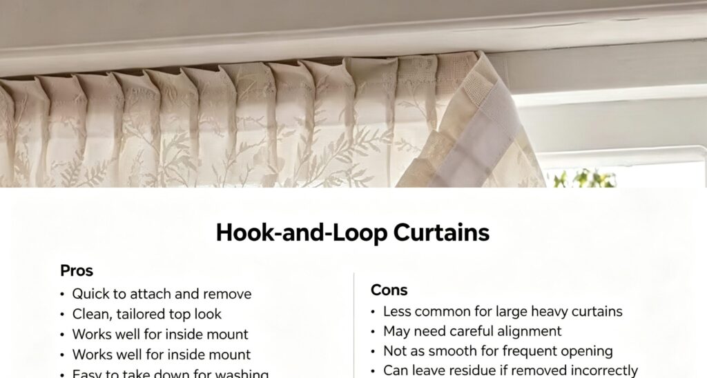 Hook-and-loop velcro curtain header close-up, no-drill adhesive curtain for rental houses, easy install lightweight window curtain