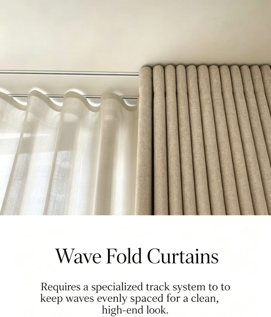 Wave fold curtain close-up, uniform wave curtain with dedicated track, high-end custom window treatment for luxury home decor