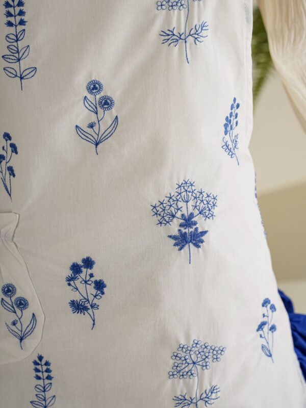 floral lace apron with blue flower embroidery pattern, cute decorative cotton apron for women, single size sheer fabric