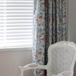 full length view of cottage blackout curtain panel, botanical blue leaf berry pattern, grommet top curtain for bedroom living room