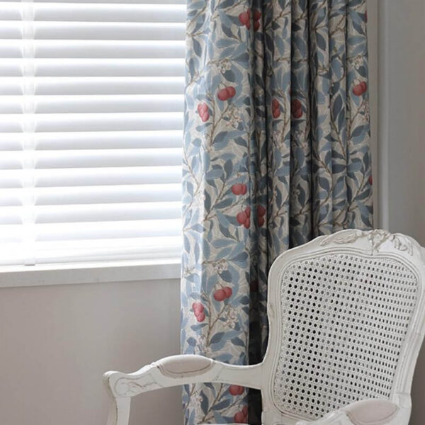 full length view of cottage blackout curtain panel, botanical blue leaf berry pattern, grommet top curtain for bedroom living room