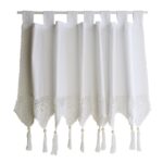 pure white tie top window valance, single‑panel short curtain with crochet heart lace tassel hem