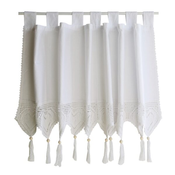 pure white tie top window valance, single‑panel short curtain with crochet heart lace tassel hem